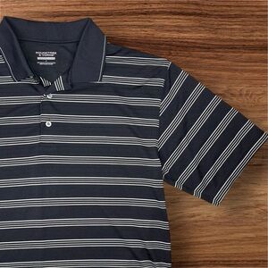 Roundtree & Yorke Men’s Performance Polo. Black w/ White & Tan Stripes. Large.